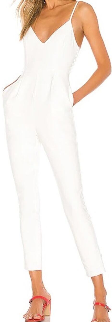 Lovers + Friends Norrie Jumpsuit Crepe V Neck Pleated Pockets Skinny White S
